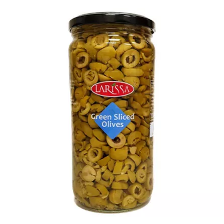 Larissa Sliced Green Olives 935g jar – pre-sliced halal Greek olives for pizza and salads