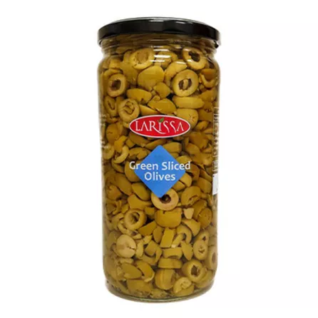 Larissa Sliced Green Olives 935g jar – pre-sliced halal Greek olives for pizza and salads