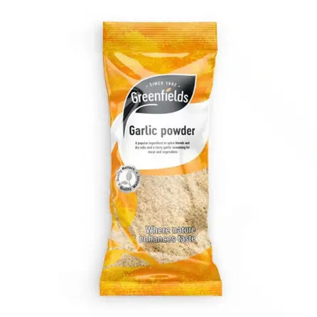 Greenfields Garlic Powder adds a burst of garlicky flavor to your dishes. Made from 100% ground dried garlic, it's a versatile spice for seasoning meats, vegetables, sauces, and more.