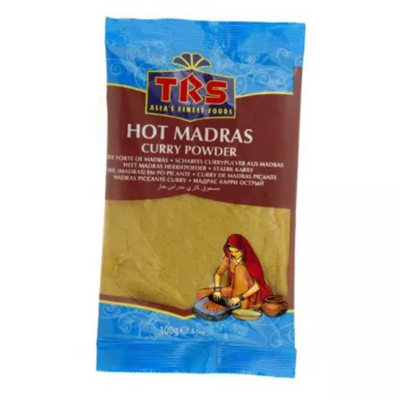 TRS Hot Madras Curry Powder 100g. Fiery flavour for your Indian dishes. Available at halalo.co.uk and Halalo.