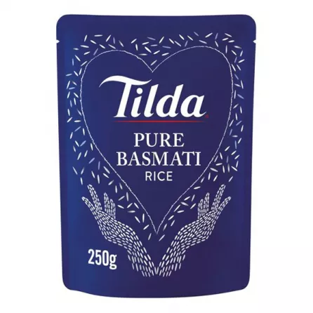 Tilda Pure Basmati Rice 250g. Aromatic long-grain rice for delicious meals. Available at halalo.co.uk and Halalo.