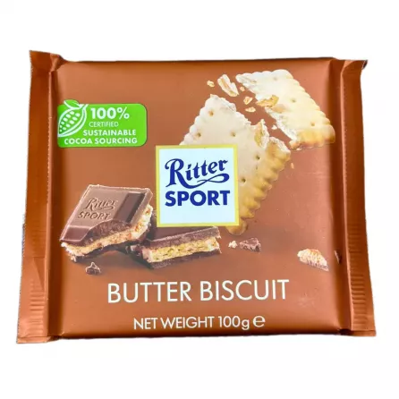 Enjoy the delicious combination of creamy milk chocolate and crunchy biscuit pieces in Ritter Sport Butter Biscuit. Available at halalo.co.uk and Halalo.