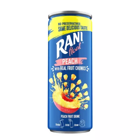 Rani Float Peach is a delightful fruit drink bursting with real peach chunks and refreshing juice. Enjoy the taste of real fruit without any added sugar, plus a boost of vitamin C. Available at halalo.co.uk and Halalo.