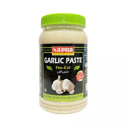 Sapna Garlic Paste 1kg. Bulk ready-to-use garlic paste for convenient cooking. Saves time and effort. Available at halalo.co.uk and Halalo.