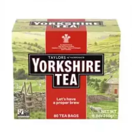 Enjoy a strong and flavorful cup of Taylors of Harrogate Yorkshire Tea. 80 tea bags for your daily dose of English breakfast tea. Available at halalo.co.uk and Halalo.