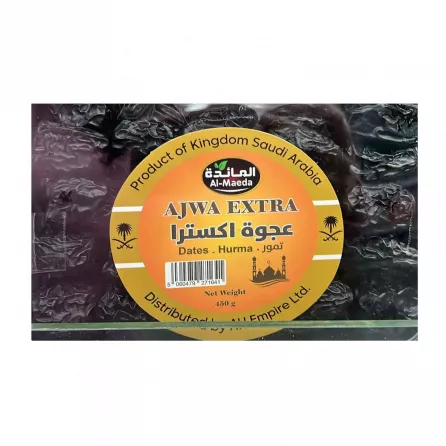 Al Maeda Ajwa Extra 450g - premium Ajwa dates, a nutritious and natural snack. Perfect for health-conscious individuals. Available at halalo.co.uk and Halalo.