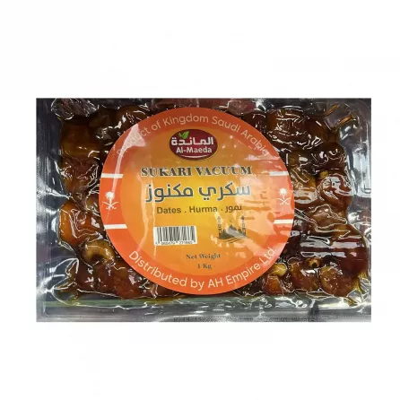 Al Maeda Sukari Vacuum Dates 1kg - premium, vacuum-packed sweet dates for a natural and healthy snack. Available at halalo.co.uk and Halalo.