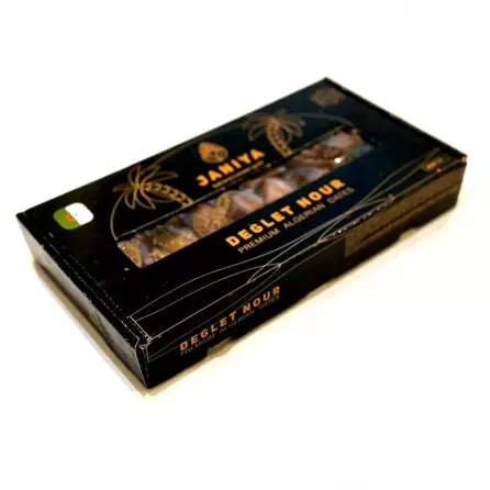 Janiya Deglet Nour Algerian Dattes 800g - premium Algerian Deglet Nour dates, a delicious and healthy natural snack. Available at halalo.co.uk and Halalo.