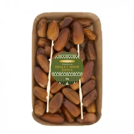 Tahira Premium Deglet Nour Dates 400g. Indulge in the sweet taste of premium Deglet Nour dates. Available at halalo.co.uk and Halalo.
