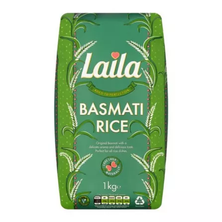 Laila Basmati Rice 1kg pack – Halal-certified extra-long grain basmati rice with natural aroma