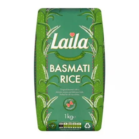 Laila Basmati Rice 1kg pack – Halal-certified extra-long grain basmati rice with natural aroma