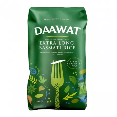 Daawat Extra Long Basmati Rice 1kg pack – Halal-certified basmati with 7.5mm+ grains