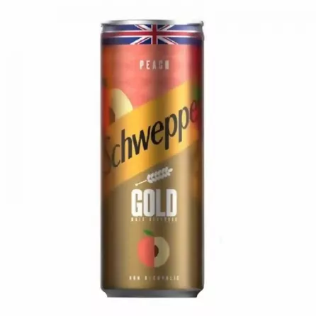 Schweppes Gold Peach 350ml. A refreshing peach-flavored drink. Perfect for any occasion. Available at halalo.co.uk and Halalo.