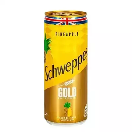Experience the taste of the tropics with Schweppes Gold Pineapple 330ml! This refreshing pineapple soda features a delightful blend of sweet pineapple flavor with a touch of malt , Available at halalo.co.uk and Halalo.