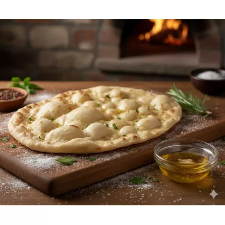 beautifully bubbly and golden-brown Taftoon (Iranian flatbread), with a soft, pillowy texture and slightly charred bubbles, presented centrally on a square white background.