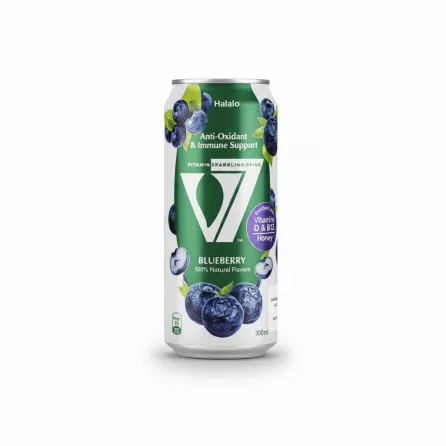 Can of Halalo V7 Blueberry Vitamin Sparkling Drink held in hand