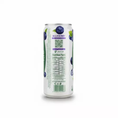 Back view of Halalo V7 Blueberry Vitamin Sparkling Drink showing nutritional facts and barcode