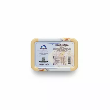 Back label showing ingredients and nutrition info for Halalo DairyDay Original Humus