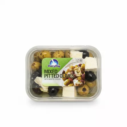 Pack of Dairy Day mixed pitted olives with white cheese in clear plastic container