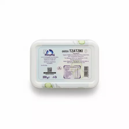 DairyDay Tzatziki dip 200g tub back view with ingredients and nutrition info