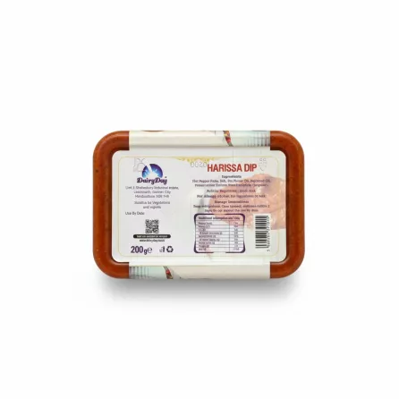 DairyDay Harissa Dip plastic tub back label with ingredients and nutritional information
