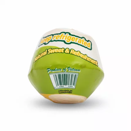 Close-up of green coconut drink packaging showing barcode and produce origin