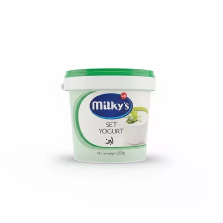 Milky's UK set yogurt tub with green lid front view