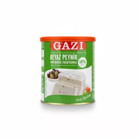 Gazi White Cheese 60% Fat in green and red tin with orange lid