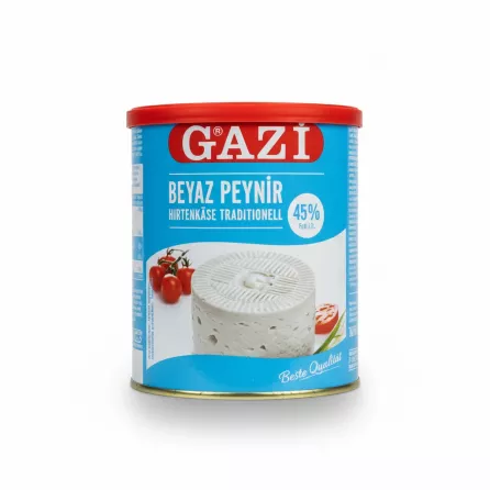 Gazi white cheese 45 percent fat in blue and red container with image of cheese and tomatoes
