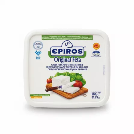 Container of Epiros Original Feta Cheese front label showing branding and cheese image