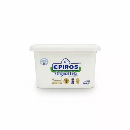 Side view of Epiros Original Feta Cheese container with award logos and branding