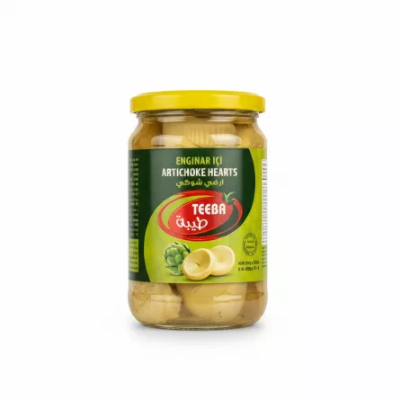 Jar of Teeba Artichoke Hearts with yellow lid