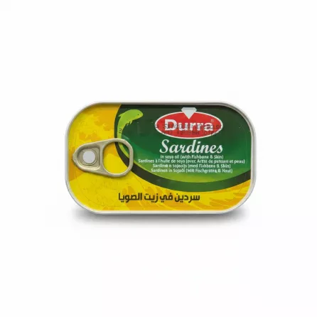 Durra sardines canned in soya oil front view