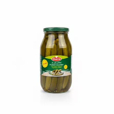 Jar of Durra pickled wild cucumbers with green label and dotted lid