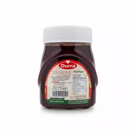 Durra strawberry fruit spread jar back label with ingredients and nutrition facts