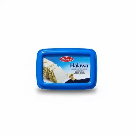 Durra Halawa covered with pistachios in a blue plastic container