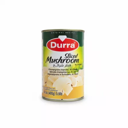 Can of Durra Sliced Mushrooms 400g showing front label