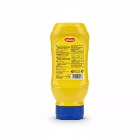 Durra Mustard Sauce yellow squeeze bottle back view with ingredients and nutrition label