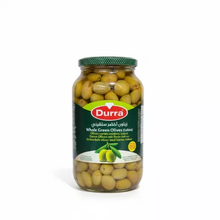 Jar of Halalo Durra Whole Green Olives displayed on wooden shelf