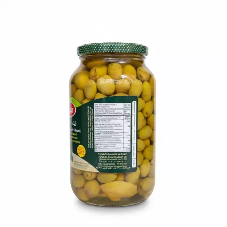 Back view showing nutrition label on Halalo Durra Whole Green Olives jar