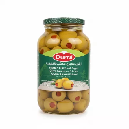 Jar of Durra Stuffed Olives with Pepper showing front label