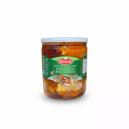 Jar of Durra Makdous eggplants stuffed with walnuts in sunflower oil