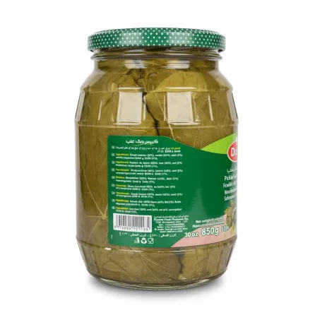 Back label of Durra Pickled Grape Leaves jar showing ingredients