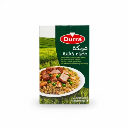 Durra Roasted Crushed Green Wheat box front packaging with plated dish image