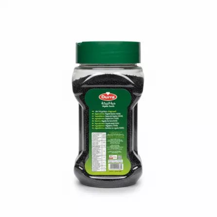 Durra Nigella Seeds jar back label with ingredients and nutrition info