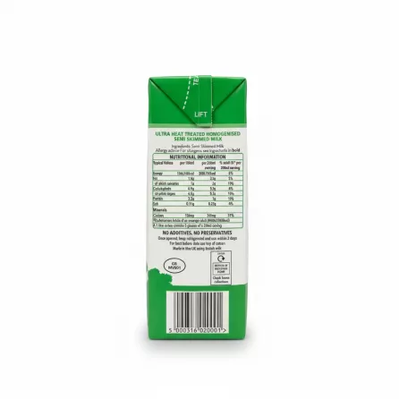 Back of Dairy Pride semi-skimmed milk carton with nutritional facts
