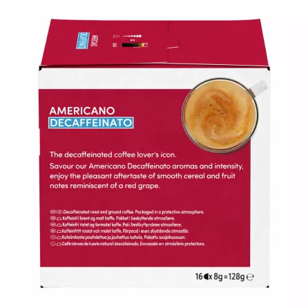 Back view of Nescafe Dolce Gusto Americano Decaffeinato package with aroma description