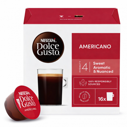 Nescafé Dolce Gusto Americano coffee pods and box with branding and intensity 4 label
