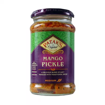 Patak's Mango Pickle Medium 283g jar – halal-certified spiced Indian mango pickle