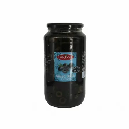 Larissa Sliced Black Olives 935g jar – pre-cut halal Kalamata-style olives for pizzas and Mediterranean dishes
